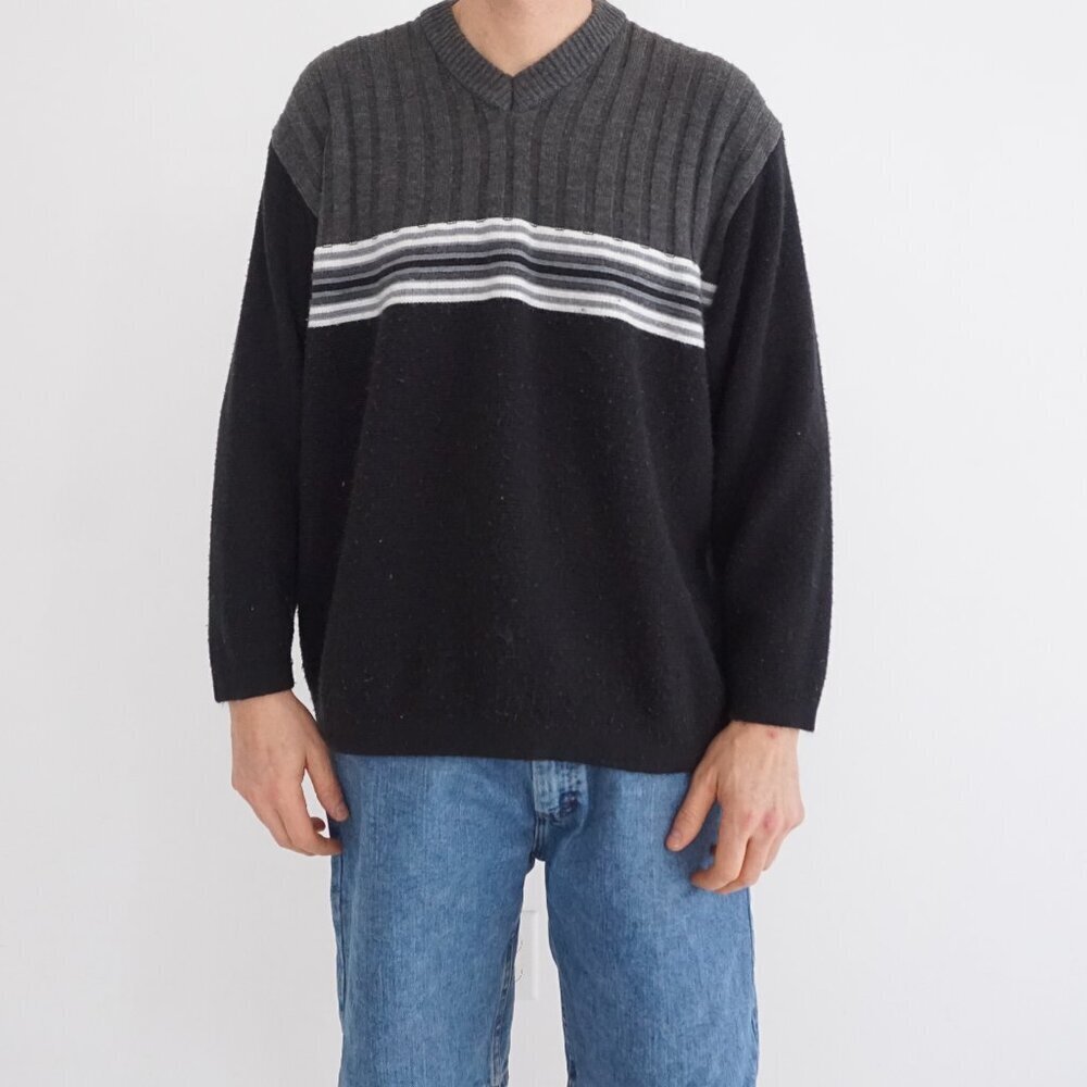 VTG Cherokee Ribbed Knit Sweater Grey Black Striped Preppy Collegiate Medium